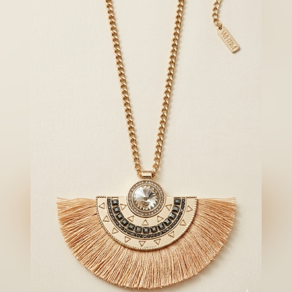 White House Black Market Egyptian Revival Celestial Sunburst Fringe Fan Necklace
